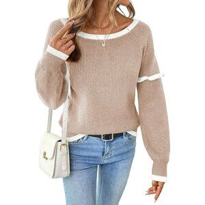 Womens Ruffle Crewneck Sweater Off Shoulder Color Block Fall Winter Knit